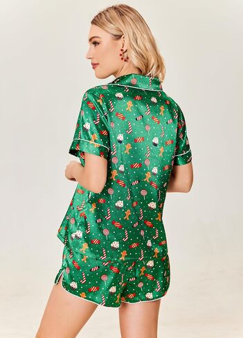 Ekouaer Womens Christmas Print Contrast Piping Satin Silk Button Down Top and Shorts Sleepwear Pajamas Set Small in Saudi Arabia
