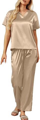 طقم بيجامة من الساتان من NORACORA بأكمام قصيرة حريرية ناعمة للنساء بنطال ذو قصة أرجل واسعة أطقم صالة Macthing ملابس نوم in Kuwait