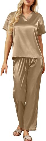 NORACORA Satin Pajama Sets Silky Soft Short Sleeves for Women Wide Leg Pants Macthing Lounge Sets Sleepwear in Saudi Arabia