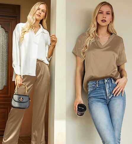 NORACORA Satin Pajama Sets Silky Soft Short Sleeves for Women Wide Leg Pants Macthing Lounge Sets Sleepwear in Saudi Arabia