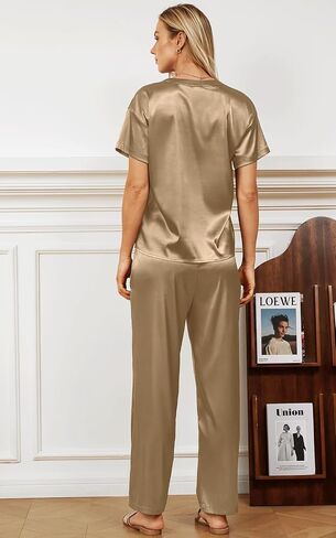 NORACORA Satin Pajama Sets Silky Soft Short Sleeves for Women Wide Leg Pants Macthing Lounge Sets Sleepwear in Saudi Arabia