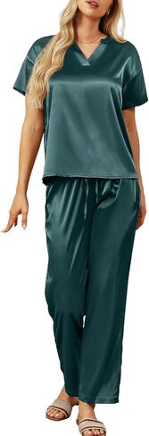 NORACORA Satin Pajama Sets Silky Soft Short Sleeves for Women Wide Leg Pants Macthing Lounge Sets Sleepwear in Saudi Arabia