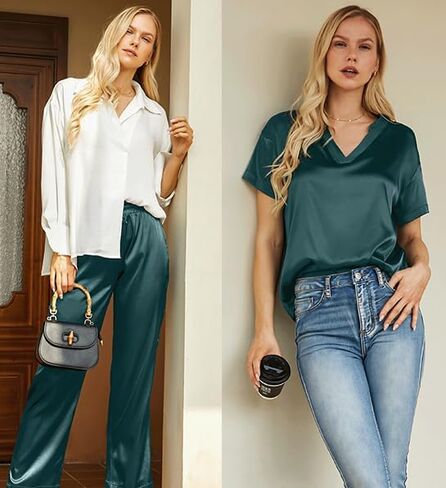 NORACORA Satin Pajama Sets Silky Soft Short Sleeves for Women Wide Leg Pants Macthing Lounge Sets Sleepwear in Saudi Arabia