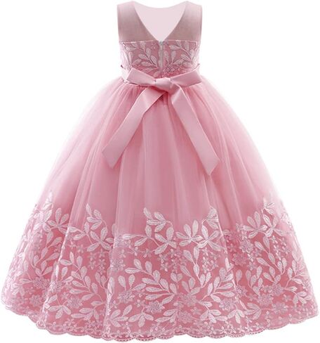 Flower Girl Lace Dress for Kids Wedding Bridesmaid Pageant Party Formal Gown Princess Communion Tulle V-Back Dresses in Saudi Arabia