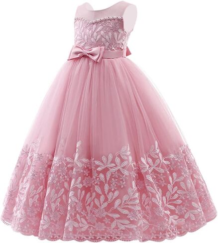 Flower Girl Lace Dress for Kids Wedding Bridesmaid Pageant Party Formal Gown Princess Communion Tulle V-Back Dresses in Saudi Arabia