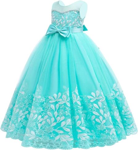 Flower Girl Lace Dress for Kids Wedding Bridesmaid Pageant Party Formal Gown Princess Communion Tulle V-Back Dresses in Saudi Arabia