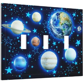 Stars Planet 3 Gang Light Switch Cover Blue Solar Decorative Wall Plate Triple Toggle System Glow Switchplate Electrical Faceplate for Home Nursery Decor
