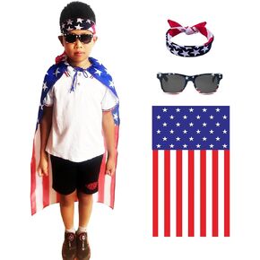 4th of July Patriotic Flag Cape Headband and New National Flag Sunglasses Set, American Independence Day Celebrations Children's National Flag Clothing Accessory for Boys Girls