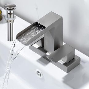 Waterfall Bathroom Faucet 2 Handle with Overflow Pop Up Drain, 4 Inch Centerset Basin Mixer Tap, Brushed Nickel
