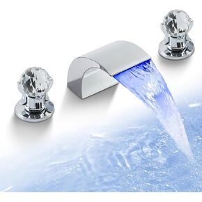 LED Bathroom Faucet 8 Inch Waterfall Faucet for Bathroom Sink 3 Hole Widespread Modern Vanity Tap Mixer with 2 Crystal Handle, Polished Chrome