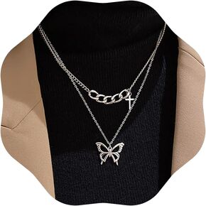 Punk Layered Butterfly Chain Choker Jewelry Set Layered Butterfly Cross Pendant Statement Necklace Jewelry for Women Birthday