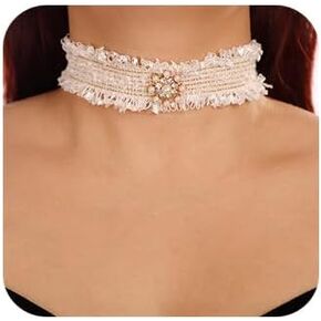 Denifery Fashion White Lace Pearl Tassel Chian Choker Lace Choker Necklace Wedding Bridal Necklace Halloween Party for Women (Style 1)