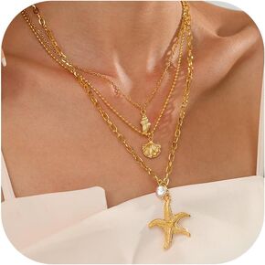 Hclian Shell Starfish Necklace Layered Gold Necklaces for Women Conch Chunky Necklace Beach Jewelry for Women