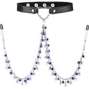 Neck Choker Collar with Nipple Clamps Chain Adjustable Non-piercing Metal Clamps Necklaces Accessories for Women (NP+Purple Bells Rivets)