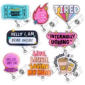 YJ PREMIUMS 8PC Funny Fun Cool Cute Humor Badge Reel Retractable ID Name Tag Holders | Holder Lanyard Clip for Nurse Medical Assistant Nursing Nursery Office Work Coworker Employee Student Gifts