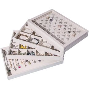 4Pcs Jewelry Organizer Trays with Lid, Rings Earrings Necklaces Bracelets Display Storage Box, Jewellery Organizer Case for Selling Show or Home Drawer (Beige Velvet)