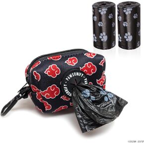 Akatsuki Dog Poop Bag Holder for Leash + 2 Bag Rolls: Officially Licensed Naruto Akatsuki Cloak Inspired Black & Red Clip on Dog Bag Holder Leash Attachment Dog Poop Bag Dispenser & Doggie Waste Bags