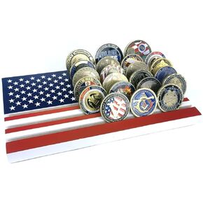 6 Rows American Flag Coin Holder, Military Challenge Coin Display Stand Wood Holds 32 to 36 Coins