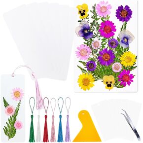 Cardstock Blank Bookmarks Set, 12 Pcs DIY White Craft Bookmarks for Pressed Flowers, Dried Flower Bookmark Making Kit with 43 Pcs Pressed Flowers, 12 Pcs Tassels, DIY Bookmarks for Dried Flowers