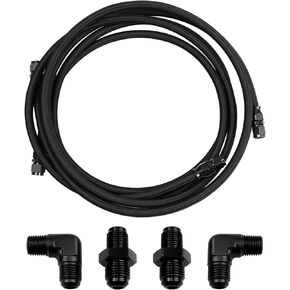 AN6 Braided Fittings Transmission Cooler Lines Hose and Fitting Kit Fit for 4L60 700R4 TH350 TH400, PTFE Lined Stainless Steel Braided and Nylon Hose (7Ft, Black)
