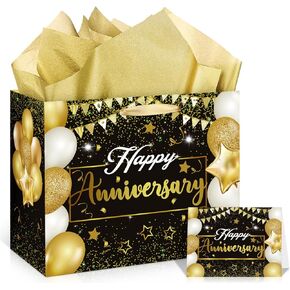 Blue Silver Anniversary Party Gift Bag with Tissue Papers and Card, 11.8'' Blue Wedding Anniversary Paper Gift Wrapping Paper Bag for Men Women Christmas Wedding Anniversary Party Supplies Gift Bag