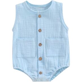Newborn Baby Boy Girl Clothes Solid Color Romper Short Sleeve Button Down Jumpsuit Toddler Infant Summer Outfit