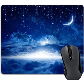 Crescent Moon with Bright Falling Stars Above The Clouds Scene Mouse Pad Custom, Navy Blue and White Night Starry Sky Mouse Pads