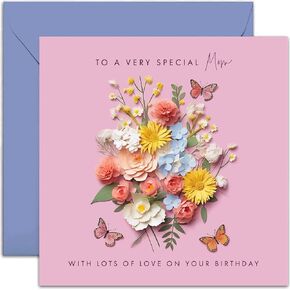 Old English Co. Special Mom Birthday Card for Her - Pink Flower Butterfly Birthday Card for Mom from Son Daughter - Cute Mom Birthday Card | Blank Inside Envelope