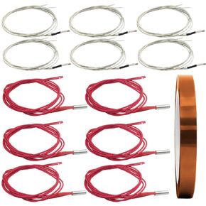 AFUNTA 12 PCS 12V 40W 620 Ceramic Cartridge Heater and NTC Thermistor 100K 3950 Fit 3D Printer & Heat High Temperature Resistant Adhesive Polyimide Tape for Electric Task - Red & White