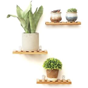 3Pcs Small Floating Shelves,Solid Bamboo Wall Hanging Rack Holder,Wall Storage Shelves for Small Decor, Compact Style Wall Shelf for Bathroom Livingroom Bedroom
