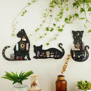Artilady Crystal Shelf Display - 3 Pack Floating Shelves for Wall Bedroom Decor Black Cute Display Shelf for Crystals and Stones Aesthetic Boho Room Decorations Witchy Gift for Cat Lover…