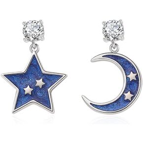 Dangle Star Moon Stud Earrings 925 Sterling Silver CZ Diamond Blue Starry Sky Stars Dangling Drop Earrings Asymmetric Statement Earrings Dainty Jewelry Gifts for Women Girls