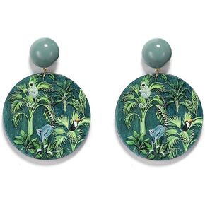 Natural Forests Big Round Drop Dangle Earrings Acrylic Animal Green Circle Dangling Statement Earring Boho Jewelry Gifts for Women Girls Bff