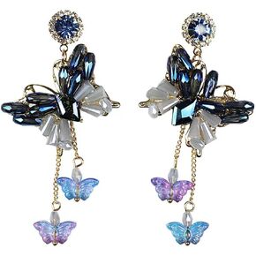 Butterfly Tassel Stud Earrings for Women Girls Trendy, Crystal Rhinestone Cubic Zirconia Drop Earrings Dangle Statement, Hypoallergenic Earrings Gift for Her (15-Blue Butterfly)