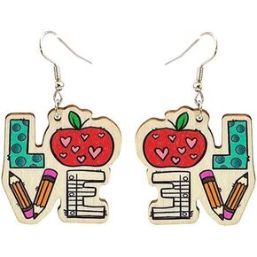 Cute Crayon Pencil Book Pen Scissor Apple Dangle Drop Earring Wood Wooden Love Heart Earring for Women Girl Teen Acrylic Resin Colorful Educator Jewelry Graduation Teacher Appreciation Gift