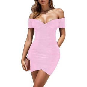 ENOPINK Women Mini Bodycon Dress Sexy Off Shoulder Sleeveless Ruched Party Dresses