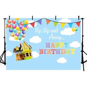 MEHOFOTO UP Birthday Party Photo Studio Backdrop Props Boy Adventure Happy Birthday Up Up and Away Balloons Party Decorations Blue Sky and White Clouds Photography Background Banner 7x5ft