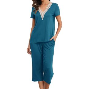 Women Capri Pajama Sets with Lace V Neck Loung Sets Pjs Loungewear S-XXL