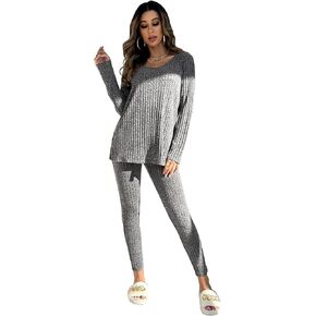 WDIRARA Women's 2 Piece Lounge Set Ribbed Knit Long Sleeve Tee Top and Leggings Pajama Sets