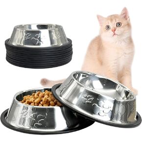 Fhiny 12Pcs Stainless Steel Dog Cat Bowl with Rubber Base Pet Food and Water Feeder Bowls Stackable Non-Slip Dish Plate for Small Medium Animals Puppy Kitten Rabbit-Two Paw Patterns