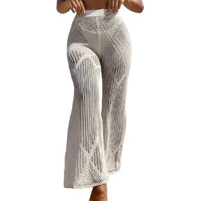 GORGLITTER Women's Hollow Out Knitted Cover Up Pants Flare Leg High Waist Crochet Beachwear