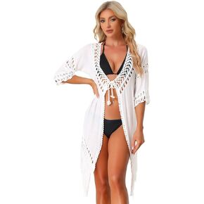 Allegra K Women's Tassel Swimsuit Kimono Tie Front Flowy Beach Bikini Crochet Cardigan