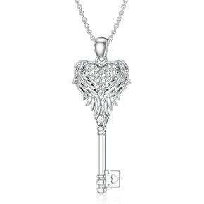 LONAGO Heart Wing Key Necklace Heart Key Pendant Neklace with Wings Gift for Women