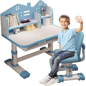 Kids' Table Chair Sets, Kids' Desks Chair, Children Study Desk Writing Table Computer Workstation With Large Storage Drawer And Bookshelf, Height Adjustable Kids Bedroom Furniture ( Color : Blue )