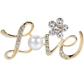 Dainty Love Letter Brooch Pin for Women Girls,Elegant Rhinestone Pearl Brooch Love Flower Scarf Brooch Shawl Pin Clip Badge Corsage Wedding Party Clothes Accessories
