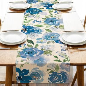 Seliem Spring Summer Watercolor Flower Table Runner, Blue Peony Floral Kitchen Dining Table Decor, Seasonal Burlap Home Decoration Indoor Outdoor Party Supply 13 x 36 Inches