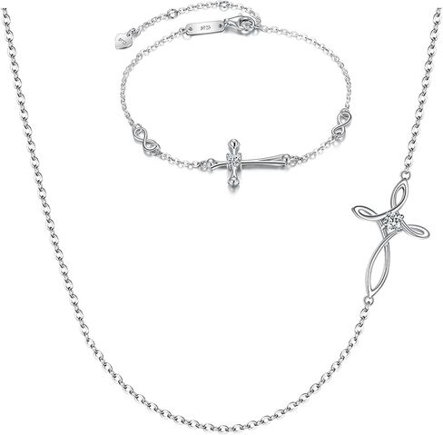 EVER FAITH 925 Sterling Silver CZ Cross Necklace Religious Church Sideways Cross Choker Infinity Charm Bracelet Link Jewelry Set for Women in Saudi Arabia