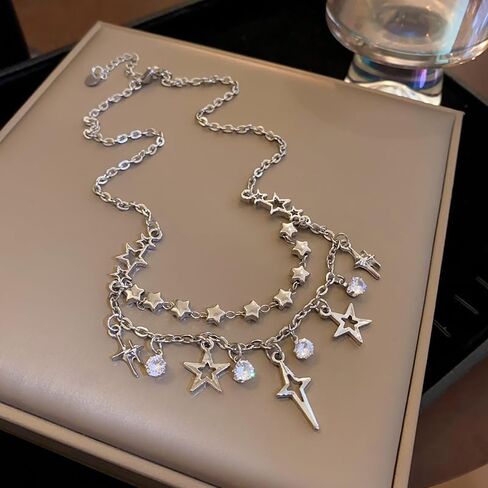 الطبقات نجمة شرابة قلادة للنساء الفتيات الفضة مكعب زركونيا لذيذ بوهو العصرية نجوم الخرز سلسلة المختنق الأزياء سباركلي المفتوحة ستار كريستال قلادة القلائد قابل للتعديل مجوهرات هدية in Kuwait