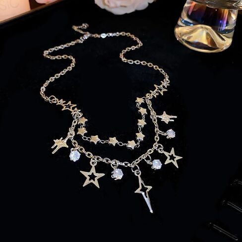 الطبقات نجمة شرابة قلادة للنساء الفتيات الفضة مكعب زركونيا لذيذ بوهو العصرية نجوم الخرز سلسلة المختنق الأزياء سباركلي المفتوحة ستار كريستال قلادة القلائد قابل للتعديل مجوهرات هدية in Kuwait