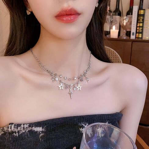 الطبقات نجمة شرابة قلادة للنساء الفتيات الفضة مكعب زركونيا لذيذ بوهو العصرية نجوم الخرز سلسلة المختنق الأزياء سباركلي المفتوحة ستار كريستال قلادة القلائد قابل للتعديل مجوهرات هدية in Kuwait